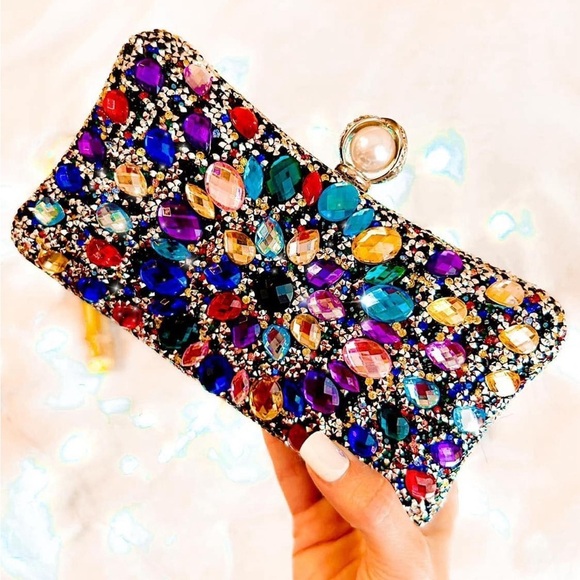 Silver Glam Rhinestone Clutch Multicolor Rhinestones - Picture 1 of 1